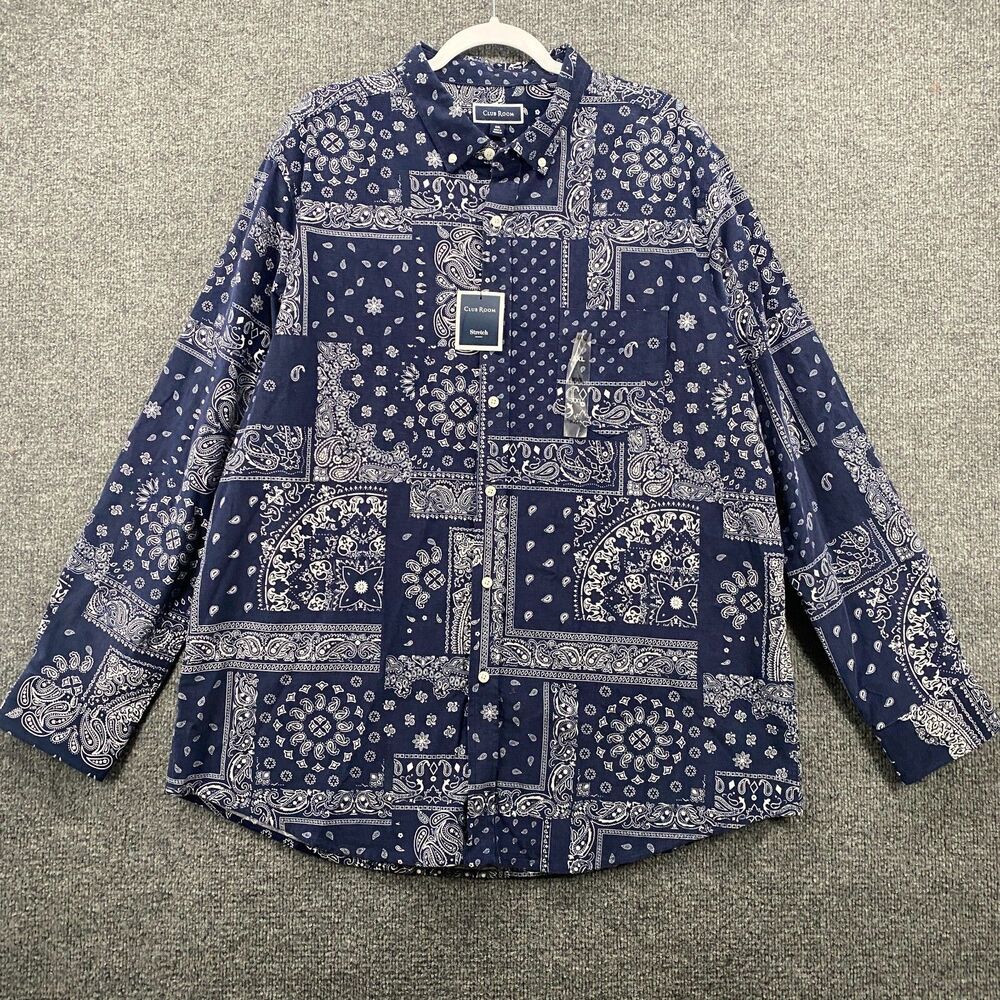 Club Room Blouse Top Womens 2XL Blue Bandana Corduroy Button Up Casual Western